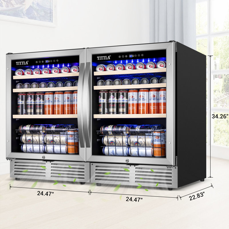 48" Beverage Refrigerator 360 Can Dual Zone Built-in Split Beer Cooler with Four Handles