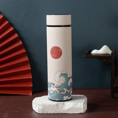 Insulated Coffee Tea Travel Thermos Mug Water Bottle With Removable Strainer And Temperature Featuring Elegant Asian Art Design - 16.9 Fl Oz (White)