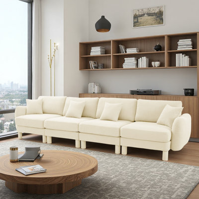 Boucle Fabric 4-Seater Sofa Couch With Distinctive Shell-Shaped Armrests,Cylindrical Legs Wrapped With Self-Fabric