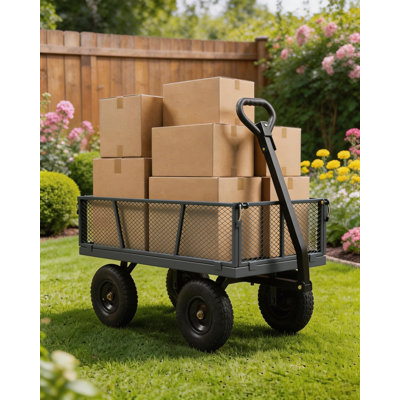 Heavy Duty Garden Cart, 800 LBS Capacity Steel Utility Wagon with 10" All-Terrain Pneumatic Tires & Removable Mesh Sides for Lawn, Yard, Farm，Grey