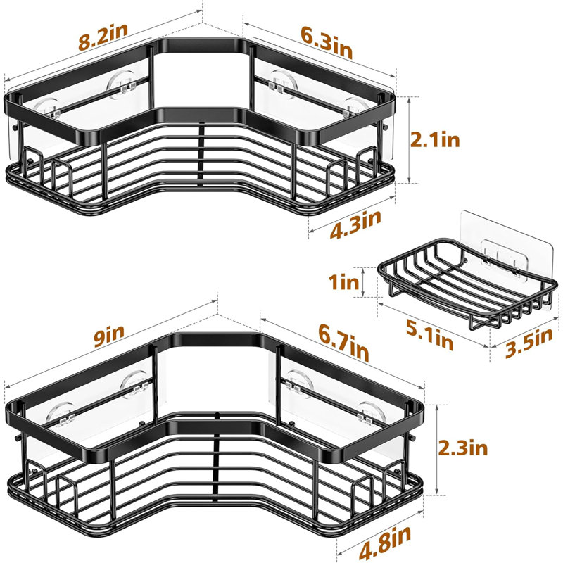 Ensemble de 3 paniers de douche adhésifs, support de rangement en acier inoxydable antirouille pour salle de bain, cuisine, comptoir - sans installation de perceuse, peut contenir jusqu'à 40 lb