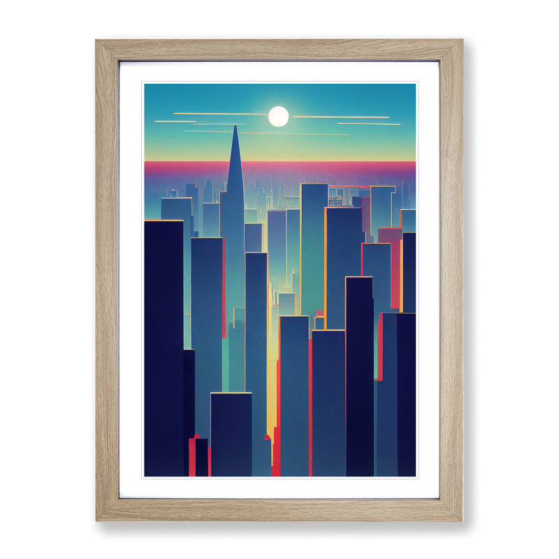Serene City Skyline No.2 - Framed Print, 34cm H x 25cm W x 2cm D, Oak Framed