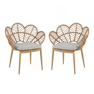 Kirk Outdoor Wicker Peacock Shape Papasan Style Chair, Teak Finished Leg, Light Brown Faux Rattan And Beige Cushion, Set Of 2