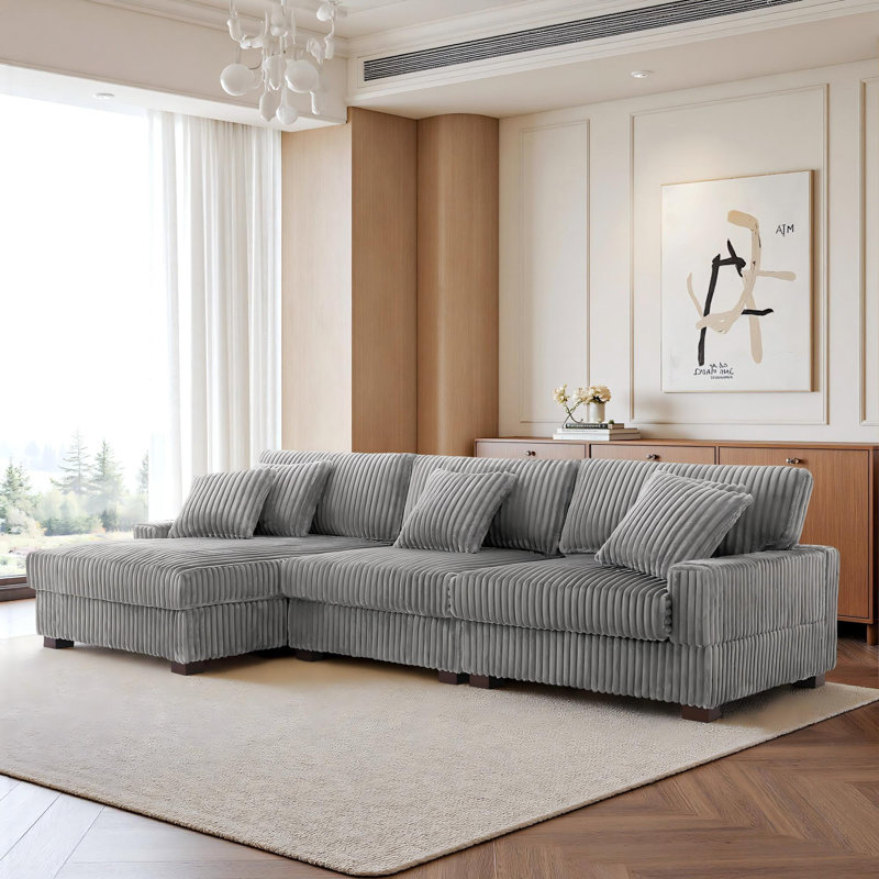 3 Seater Sectional, Light Grey Polyester/Foam Padding