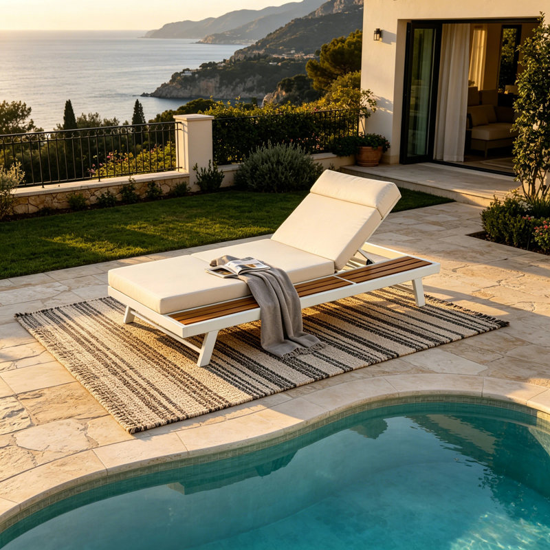 Chaise longue de patio moderne avec rangement, chaise longue de piscine en bois d'acacia