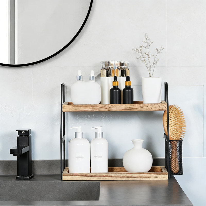 Organisateur de comptoir de salle de bain à 2 niveaux avec panier de rangement, tablette de meuble-lavabo en bois pour les soins de la peau et le maquillage, organisateur de comptoir peu encombrant
