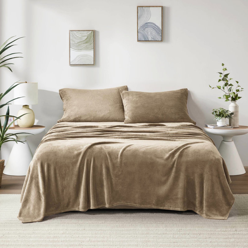 Drap double en taupe, 100%, avec drap plat, 2 taies d'oreiller ajustées, élastique facile d'entretien, lisse, brossé deux fois,
