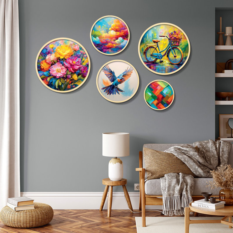 Elegant 5-Piece Decorative Framed MDF Painting Set, 17.1 x 17.1 inches & 14.6 x 14.6 inches & 12.2 x 12.2 inches & 10.2 x 10.2 inches & 7.1 x 7.1 inches | 100% Solid Wood Frames, Perfect for Home Décor & Gallery Walls