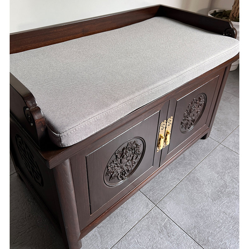 Banc de rangement traditionnel pour chaussures en bois massif sculpté avec coussin
