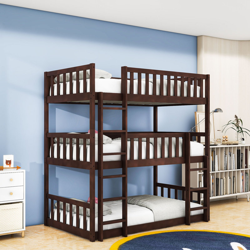 Twin Over Twin Over Twin Triple Wood Bunk Bed With Safety Fatures, Detachable Design, Espresso