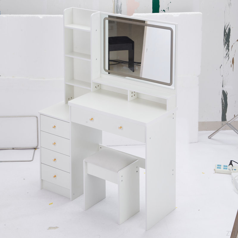 41" Large Size Left Bedside Cabinet Vanity Table+Cushioned Stool, Extra Large Touch Control LED Mirror, White