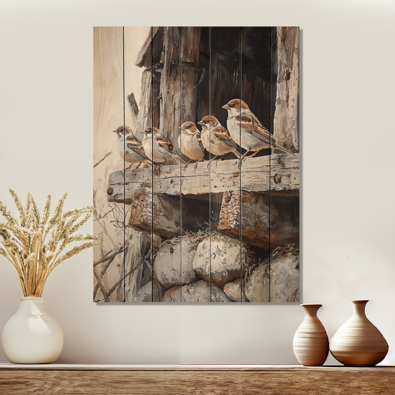 Sparrows Birds In The Farmyard IV - Décoration murale en bois d'oiseau - sur bois de pin naturel, H 32 po x l 24 po