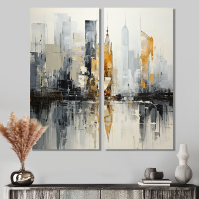 Abstrait paysage urbain IV - toile moderne jaune, 2 panneaux