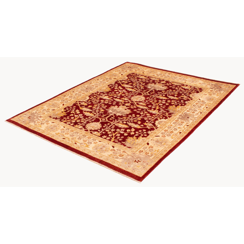 Tapis rouge foncé en laine noué à la main de conception unique 8 pi 1 po x 10 pi 1 po New Age