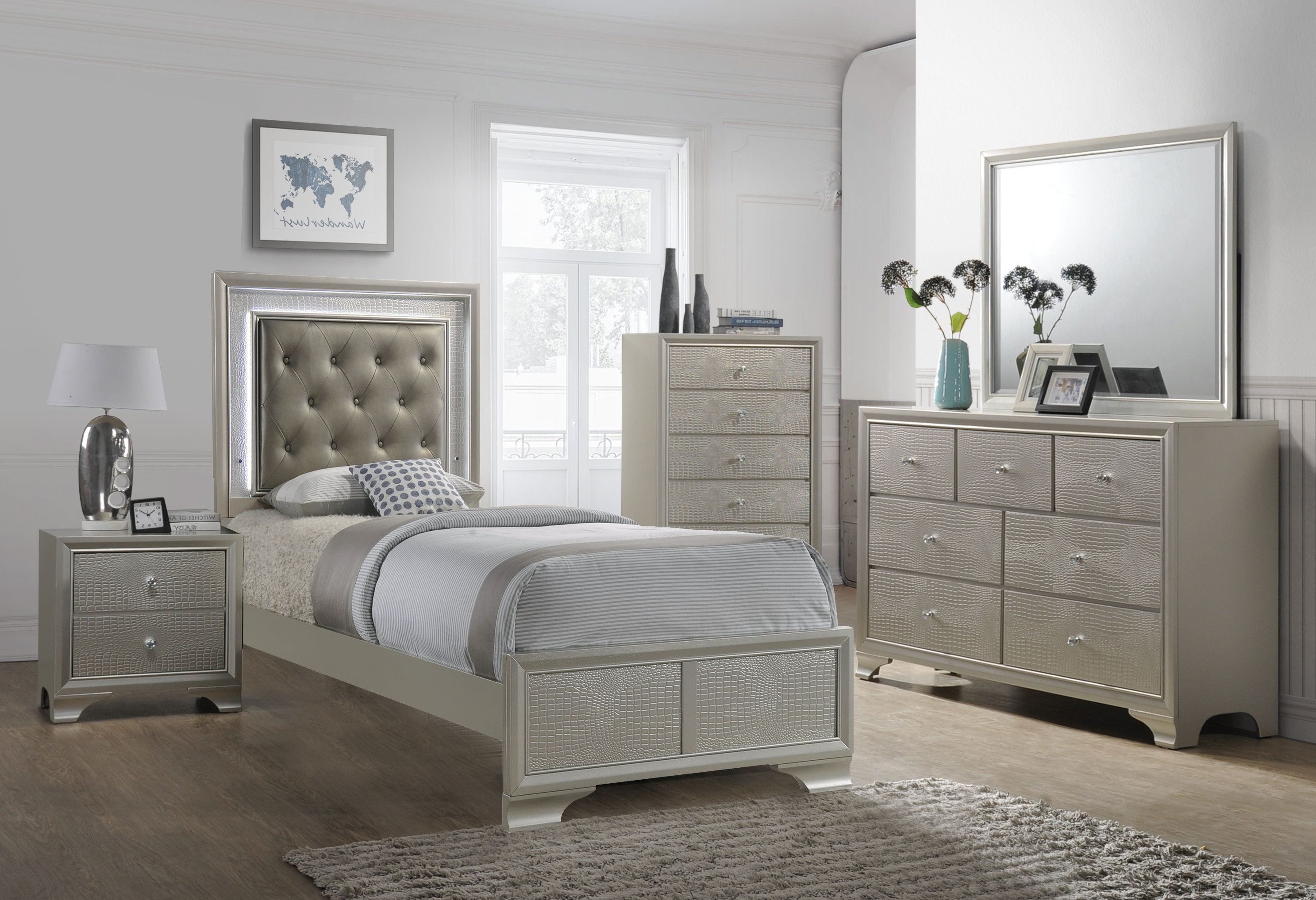 Red Barrel Studio® Champagne LED Upholstered Panel Bedroom Set Special ...