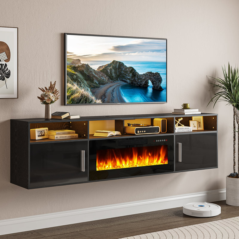 Floating 80" TV Stand with 36" Electric Fireplace, Black