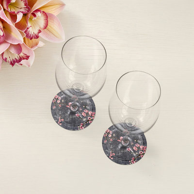 Blossom Fantasia Charcoal Vegan Leather Round Coasters