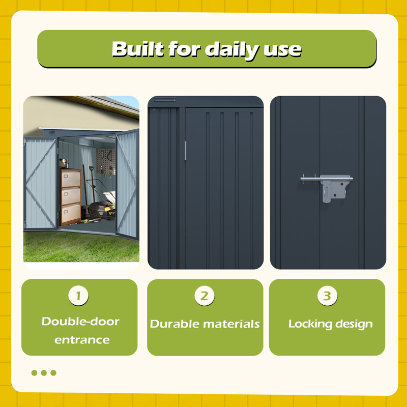 6x8FT Galvanized Steel Outdoor Storage Shed with Lockable Double Doors