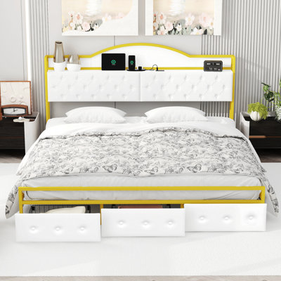Metal Platform Bed With 3 Drawers, Storage Headboard, King, Gold