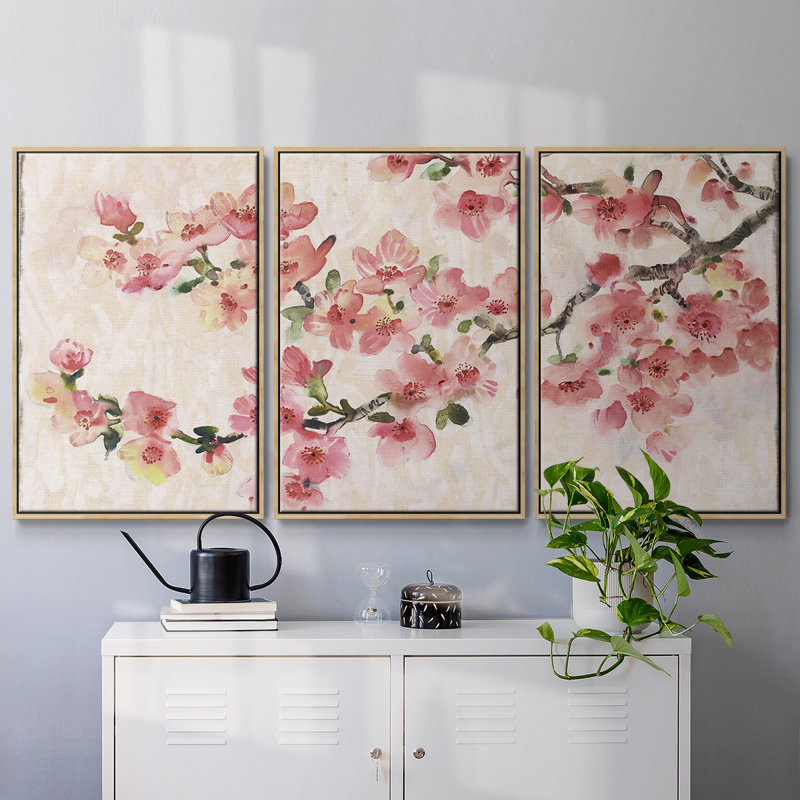 Composition de fleurs de cerisier I - Toile encadrée multi-pièces, Naturel, H 36 po x l 75 po x P 2 po