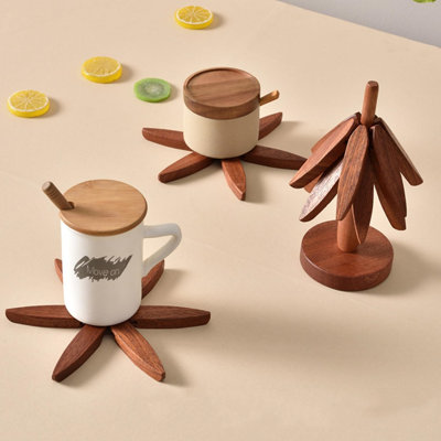 Ensemble de sous-verres en bois de 4 sous-verres et 1 support, sous-verres pour bols à verres