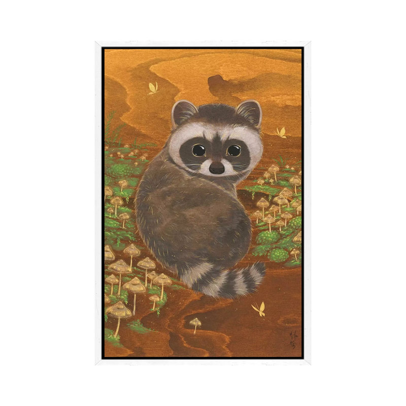 Raccoon And Mushrooms by Martin Hsu - Painting on Canvas, 66.04 cm H x 45.72 cm W, White Framed