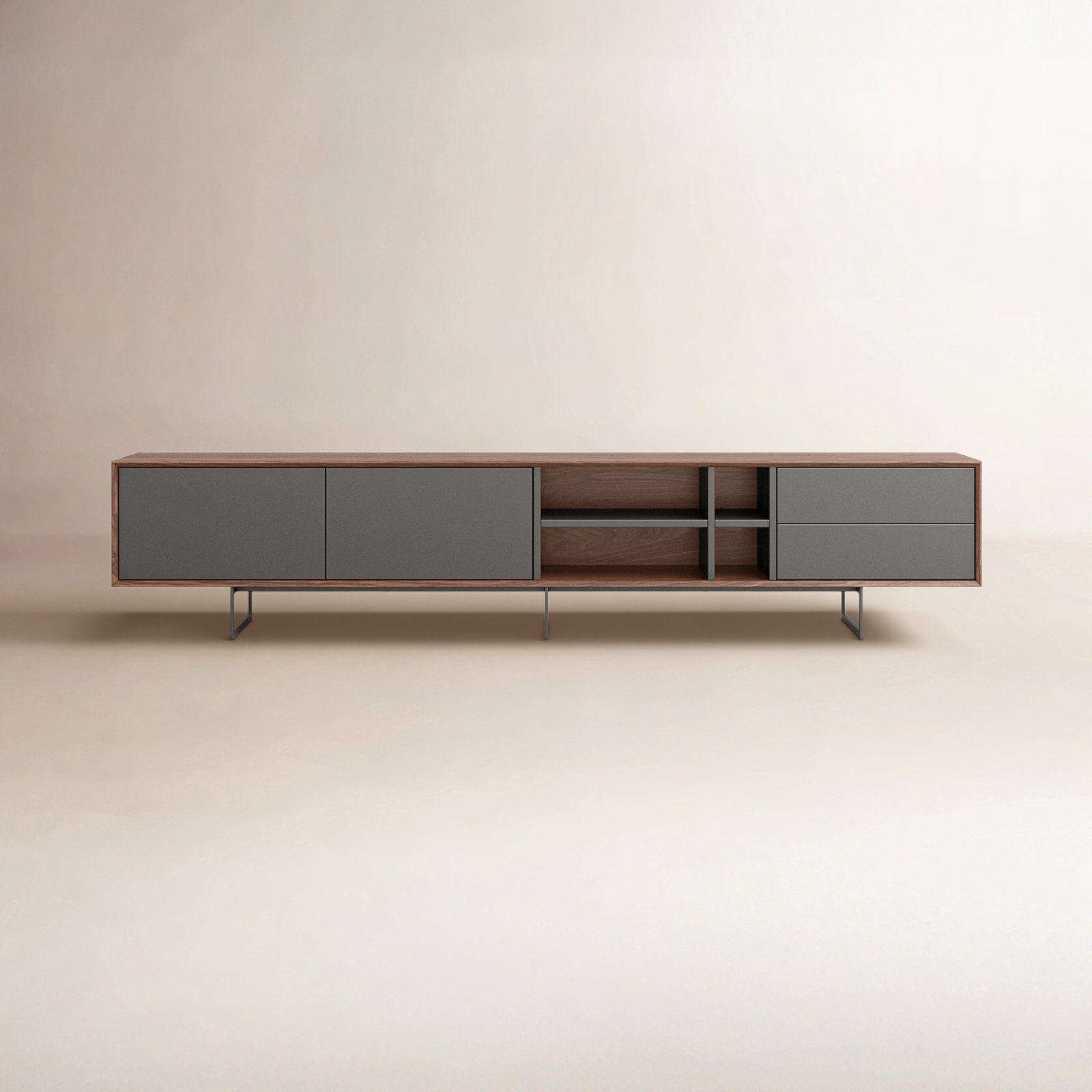 TV stand in medium wood with grey cabinet doors, open shelving, and two stacked drawers on thin metal legs.