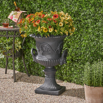 20" Traditional Roman Urn Planter – Lightweight Concrete (mgo) With Drainage Hole – Weather Resistant Faux Stone – Black
