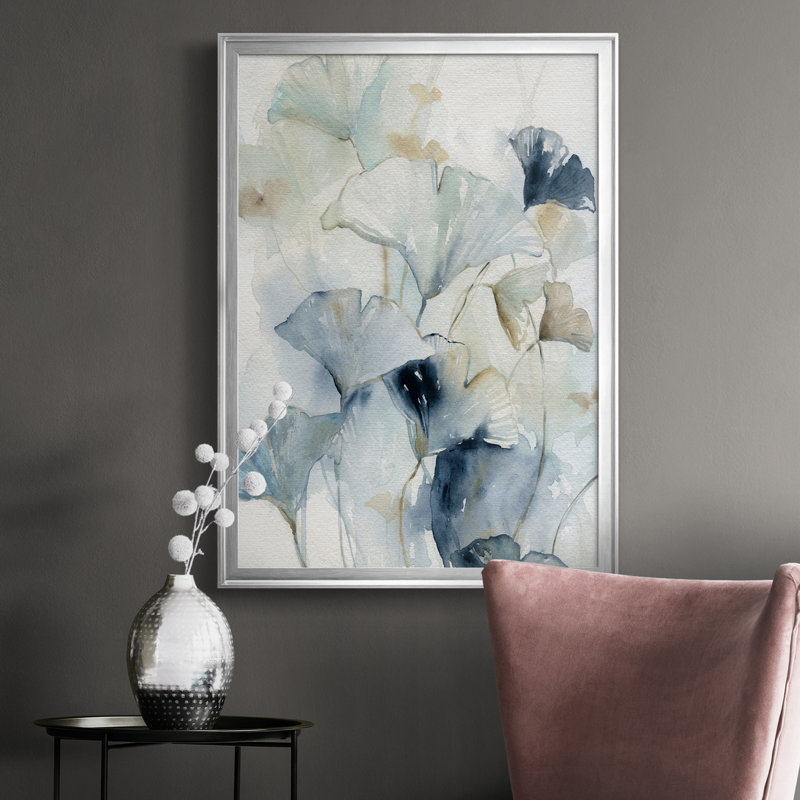 Indigo Ginkgo I - Peinture sur toile encadrée, H 36,5 po x l 26,5 po x P 1,5 po, Argent