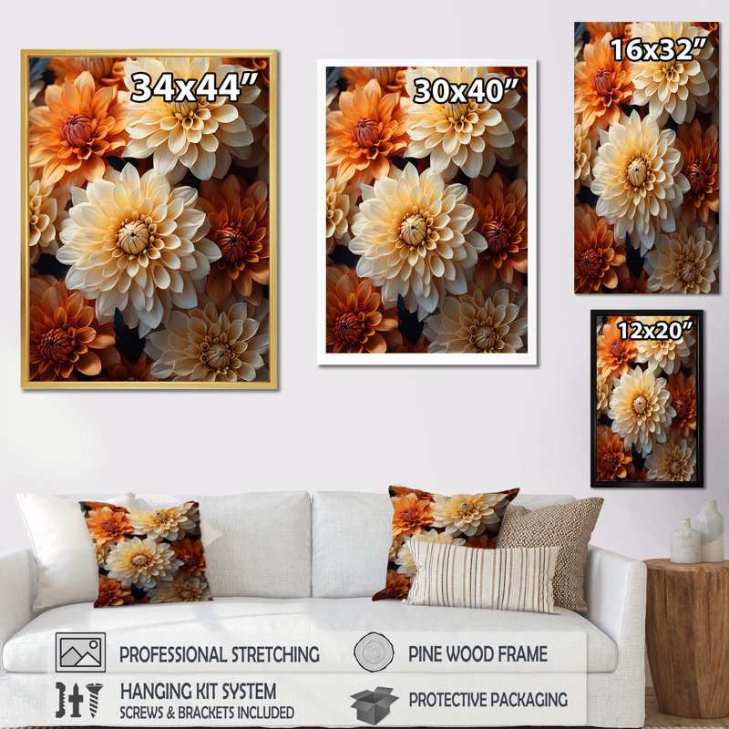" Coral Orange Charming Chrysanthemums ", Silver Picture Framed, 44" H x 34" W x 1.5" D