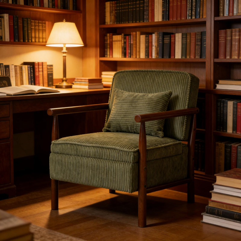 Chaise d'appoint rembourrée de style Mid-Century avec structure en bois massif, chaise longue avec coussin lombaire et siège de rangement