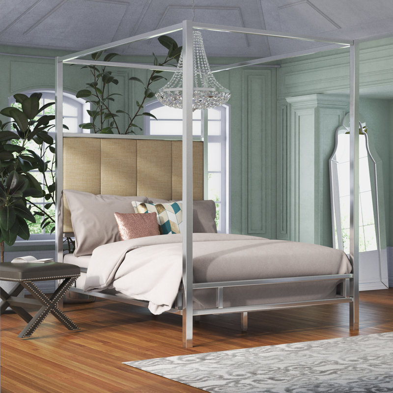 Jenin Upholstered Metal Canopy Bed, Chrome Metal/White, Queen