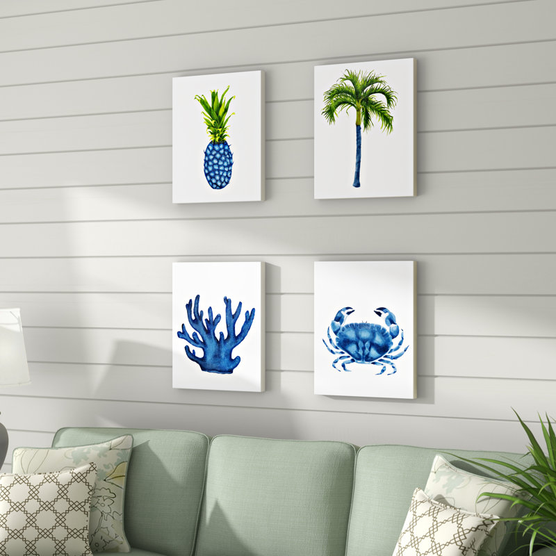« tropical blue », ensemble de 4 tablettes murales sur toiles bleues, H 20 po x l 16 po x P 1,5 po