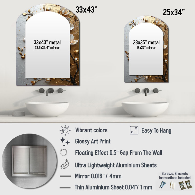White Gold Cherry Blossom Branch - Cherry Blossom Arch Decorative Mirror, Traditional Asymmetrical Wall Mirror, Printed Metal Art