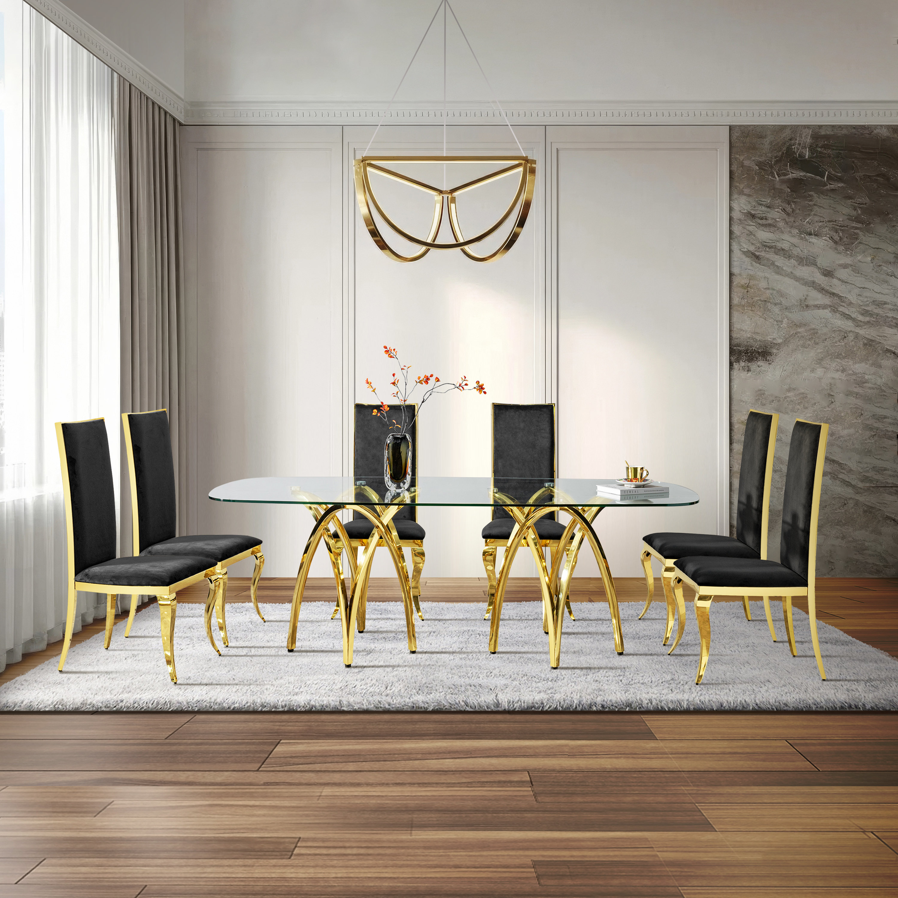 Rosdorf Park Glass Dining Table And Chairs With Gold Stainless Steel ...