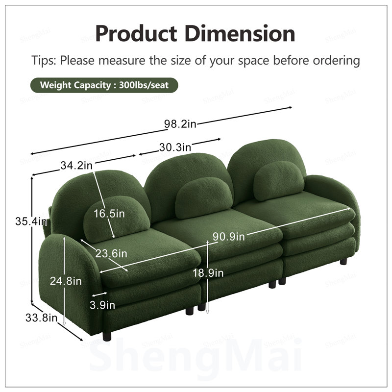Canapé 3 places Teddy, 98.2" W, Green