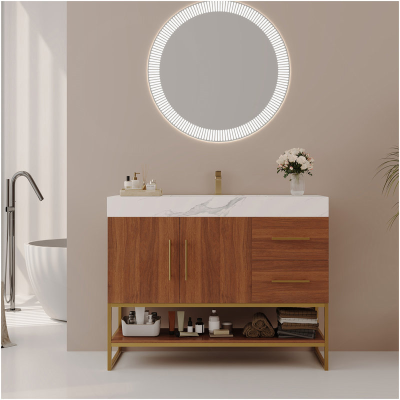36" Modern Free-Standing Bathroom Vanity With Seamless Ceramic Sink & Sintered Stone Top, White