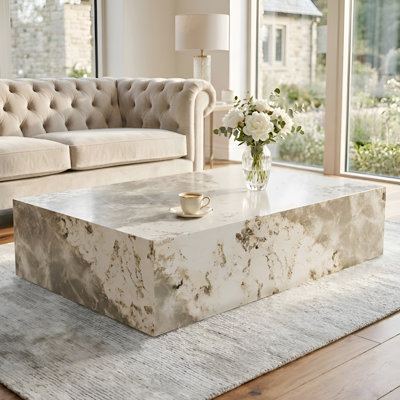 Modern Coffee Table with Faux Marble Design, Rectangular Block Coffee Table For Guest Room/Living Room, No Assembly Required