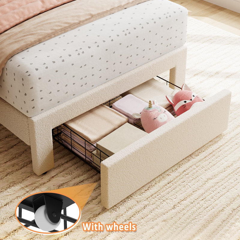 Twin Bed Frame with Under-Bed Drawer, Upholstered Platform Bed with Wave Headboard for Kids/Girls, White/WOOL, Twin