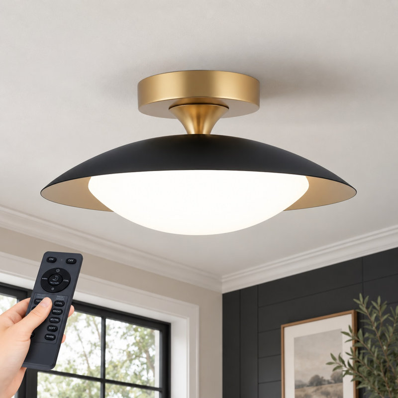 Plafonnier semi-encastré moderne à DEL de 30 cm (11,8 po) avec télécommande et variateur, 5 CCT 2700 K-6500 K, style moderne du milieu du siècle, noir, pour cuisine, couloir ou buanderie.