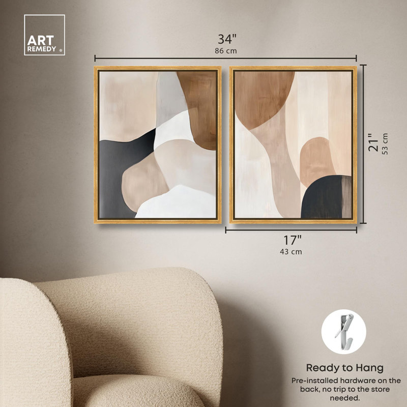 «Neutral Harmony», ensemble de 2 décorations murales Boho par Art Remedy, cadre doré, 16 x 20, H 21 po x l 17 po, Cadre doré