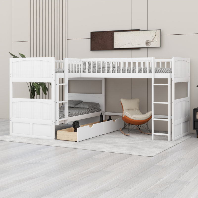 Structure de lit superposé en bois avec lit mezzanine attaché à deux tiroirs, Blanc