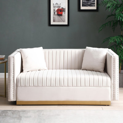 Canapé vertical beige, tissu d'ameublement moderne à 2 places, tissu de velours, structure en bois, rembourrage en mousse confortable, velours, pour une expérience agréable