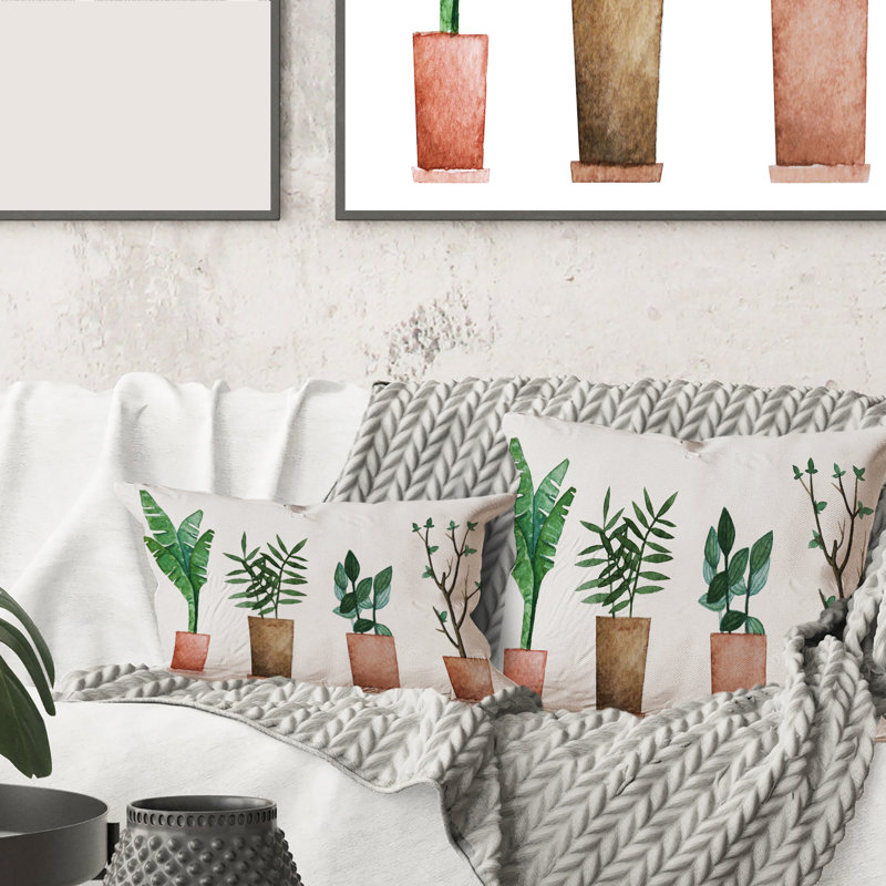 Carré, duo de plantes d'intérieur en pot - Coussin décoratif imprimé maison de campagne, 18" x 18"