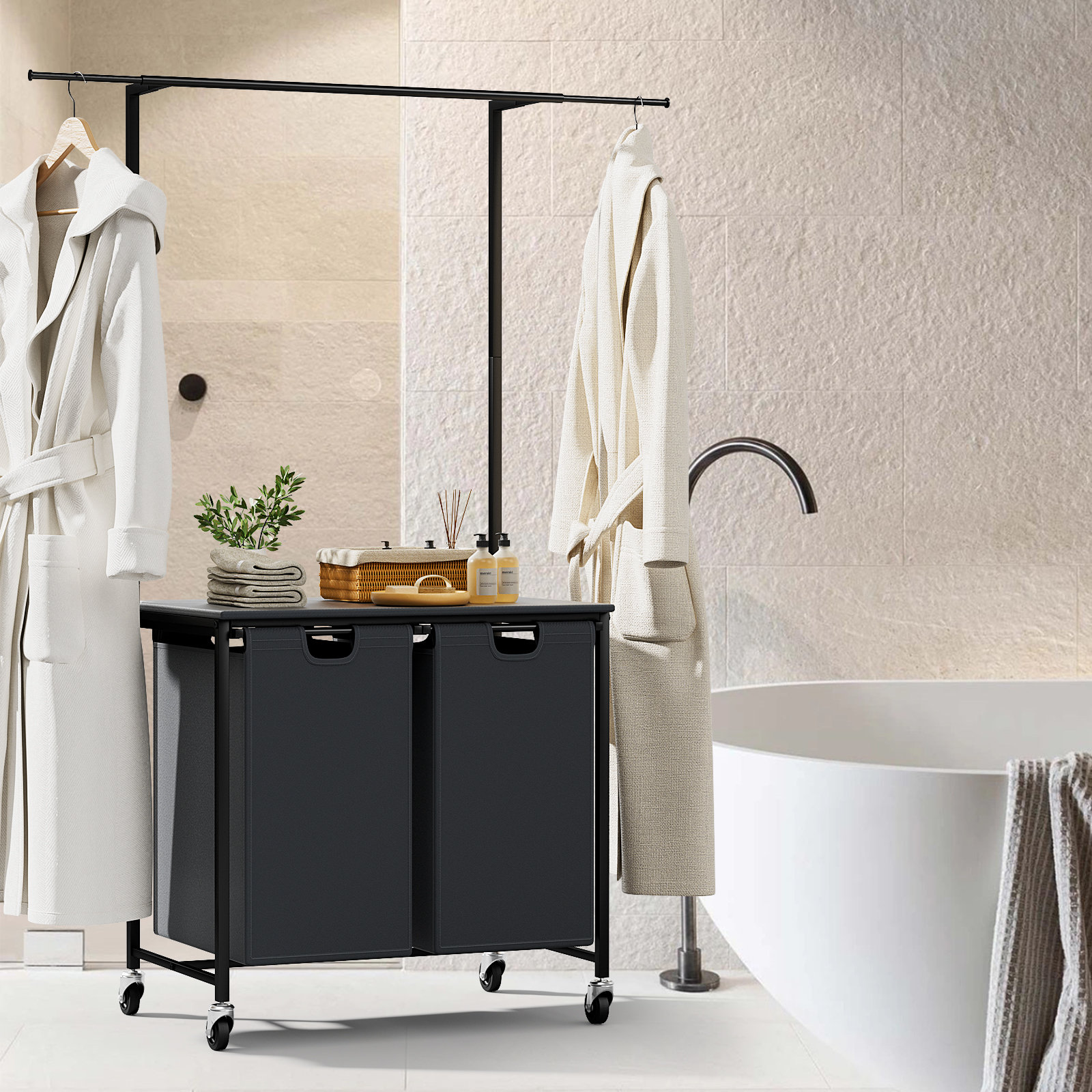 Latitude Run® Rolling Laundry Hamper And Waste Basket Set with Hanging