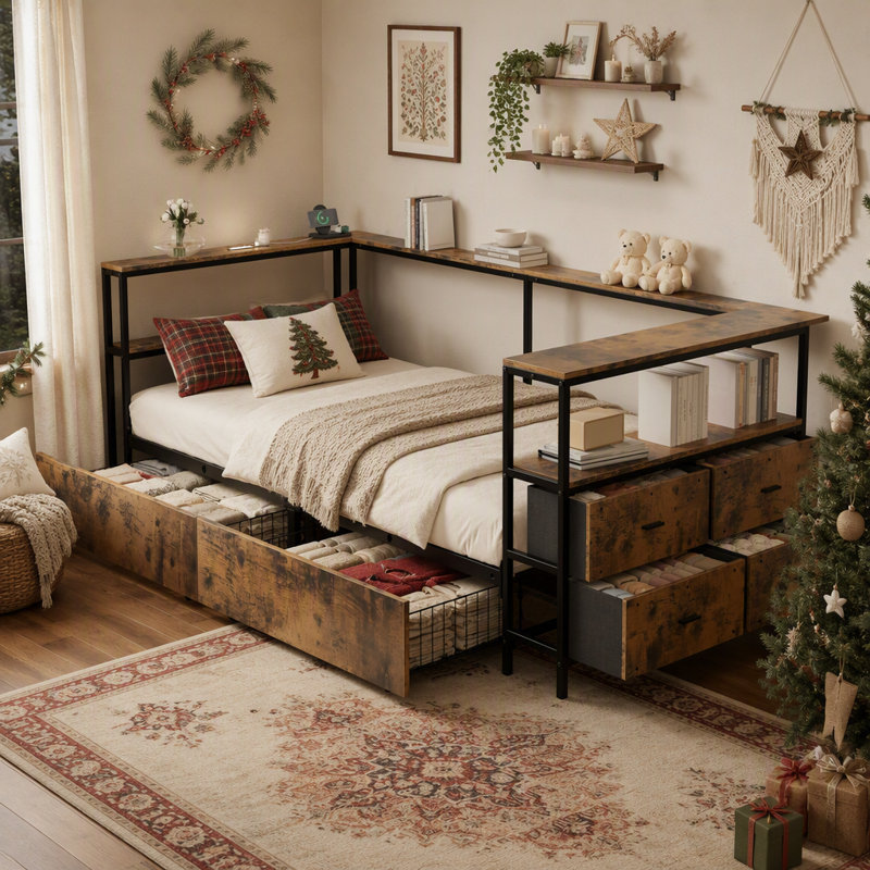 Corner Bed Frame, Metal Platform Bed Frame with Storage Drawers