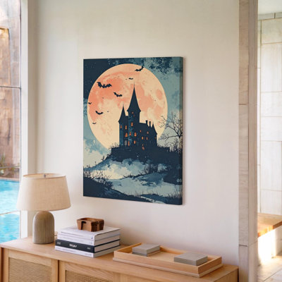 Wall Art Canvas Fairytale Haunted Castle Watercolor Moonlit Halloween Fantasy Art Wall Ready To Hang Gallery Wrapped Home Decor
