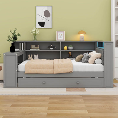 Twin Size Platform Bed With Shelves And Trundle, Wood Daybed With Charging Station, LED, Desk And Upholstered Headboard