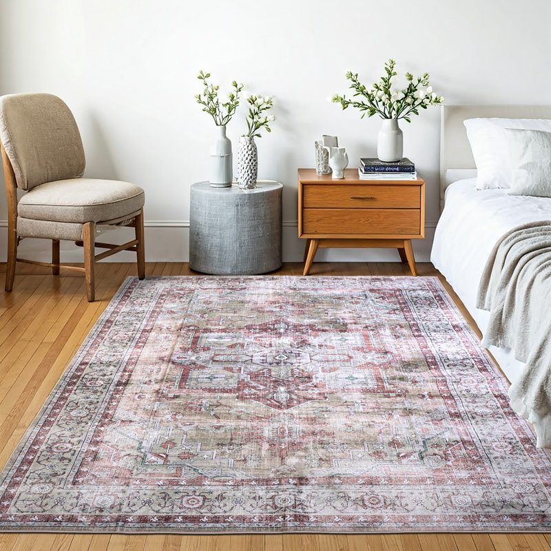 Bungalow Rose Pink/Beige Machine Washable Area Rug – Non-Slip, Stain Resistant, GRS Certified, for Bedroom, Living & Dining