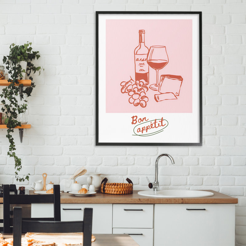 Bon Appetit Wine & Grapes, estampe numérique, design par The Prints Vibe, 30 x 24, Midnight Black Giclee Framed